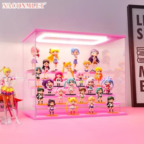 Naconmlet Pink Wood Base Acrylic Display Case for Collectibles, 6-Tier Clear Display Box with Steps for Funko Pop & Action Figures, Dustproof Showcase Organizer, 19.7x12.6x16.5 Inches - Thumbnail 2