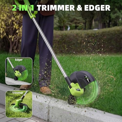 21V Weed Wacker Cordless & Lawn Edger, 9000RPM Electric Weed Eater with 2x2.0Ah Battery, 12" Auto Line Feed String Trimmer with 8 Pcs Spools, Lightweight Edger Lawn Tool for Yard, Green - Thumbnail 5