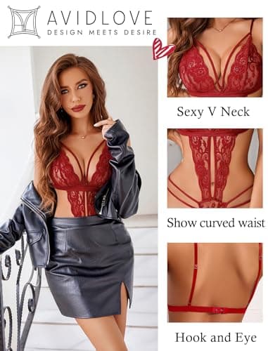 Avidlove Women Deep V Lingerie Teddy One Piece Bodysuit Lace Babydoll Bodysuit Lingerie Wine Red M - Thumbnail 2