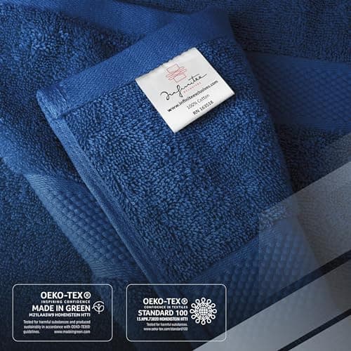 Infinitee Xclusives Luxury 100% Cotton Towel Set – 8 Piece Bathroom Towel Set (2 Bath Towels, 2 Hand Towels, 4 Washcloths) – Soft & Absorbent Towels for Bathroom (Tranquil Navy) - Thumbnail 5
