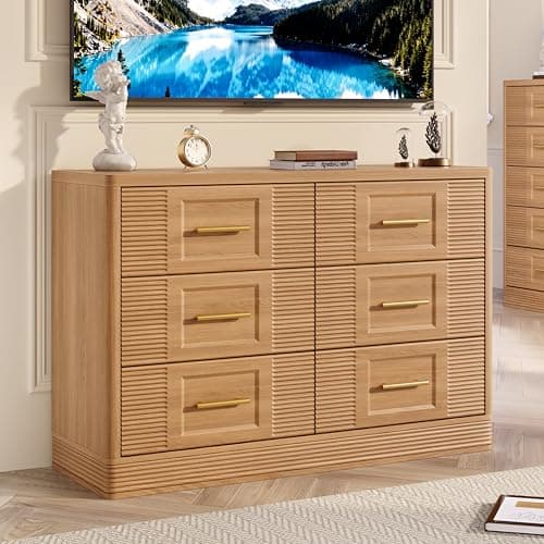RECHHX Farmhouse 6 Drawers Dresser for Bedroom, 47.2" Wide Large Modern Chest of Drawers, Wooden Thermoformed Curved Dresser Organizer for Bedroom, Living Room, Natural Oak