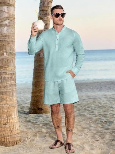 JEMLDL Men's 2 Piece 2 in 1 Linen Cotton Set Casual Long Sleeve Cuban Henley Shirt & Shorts Summer Vacation Outfits Light Green 3XL - Thumbnail 4
