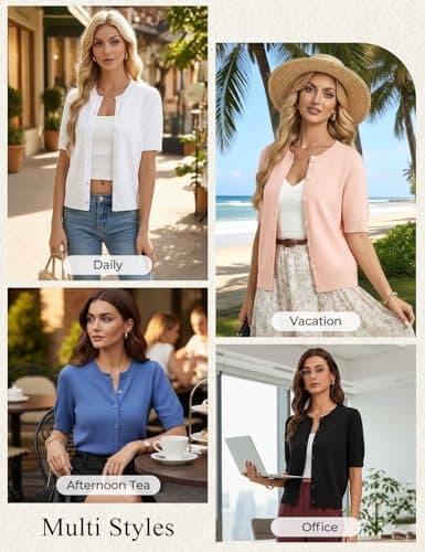 GRACE KARIN Women's Blue Short Sleeve Cardigan, Plus Size Summer Lightweight Cardigans, Basic Button Down Ribbed Sweater - Thumbnail 6