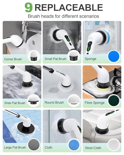 Electric Spin Scrubber, Cordless Power Cleaning Brush with 9 Replaceable Brush Heads, Bathroom Scrubber with Extension Arm, 2-Speed Motorized Tile Floor Scrubber for Tub, Sink, Wheel, White-ra1 - Thumbnail 4