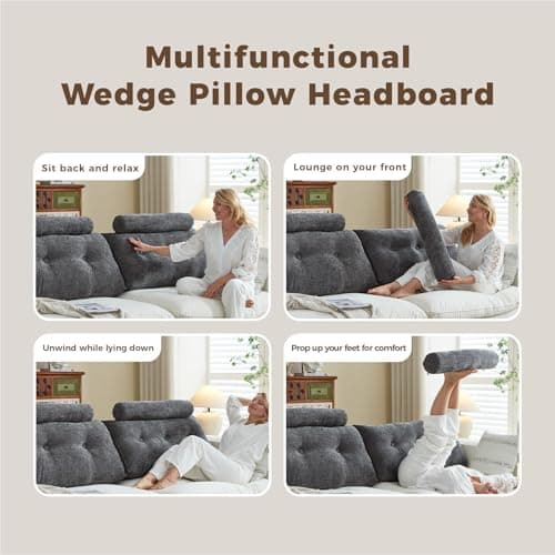 ZERALIVEN Headboard Pillow for Queen – Chenille Large Triangular Wedge Pillow for Headboard Gap, Daybed and Couch Backrest, Reading and Sitting Up in Bed with Removable Washable Cover, Dark Gray - Thumbnail 4