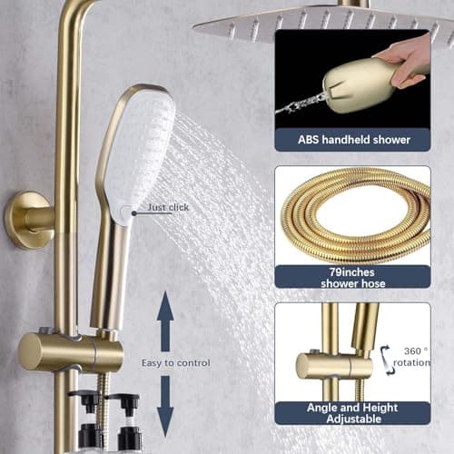 SonTiy Rain Shower Head with Handheld Spray and Shower Shelf Caddy, 12Inch High Pressure rainfall Showerheads and Hand Shower Combo with Height Adjustable Holder Shower Head System, Brushed Gold - Thumbnail 4