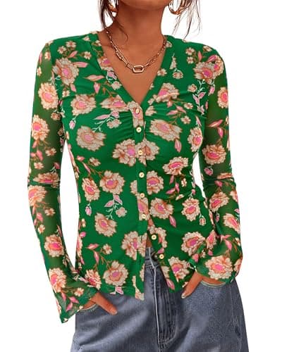 BTFBM Button Down Shirts for Women 2026 Spring Boho Tops V Neck Long Sleeve Blouses Ruched Mesh Fitted Fashion Clothing(Green, Large) - Image 1