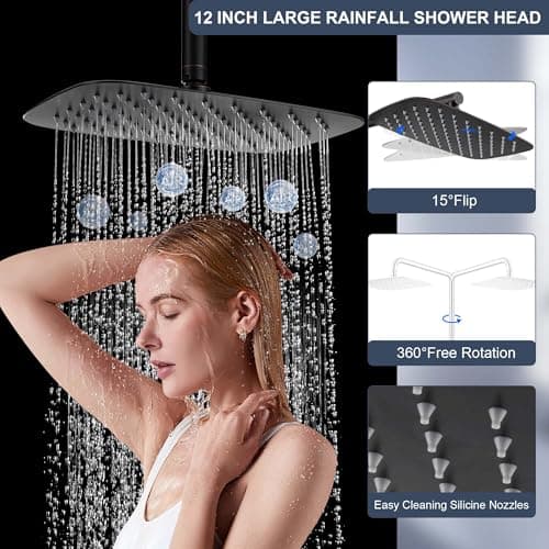 SonTiy 12 Inch Rainfall Shower System with Handheld Spray, High Pressure Rain Shower Head with Jet Spray, Luxury Bathroom Shower Fixtures with Adjustable Slide Bar & Shower Caddy, Oil Rubbed Bronze - Thumbnail 2