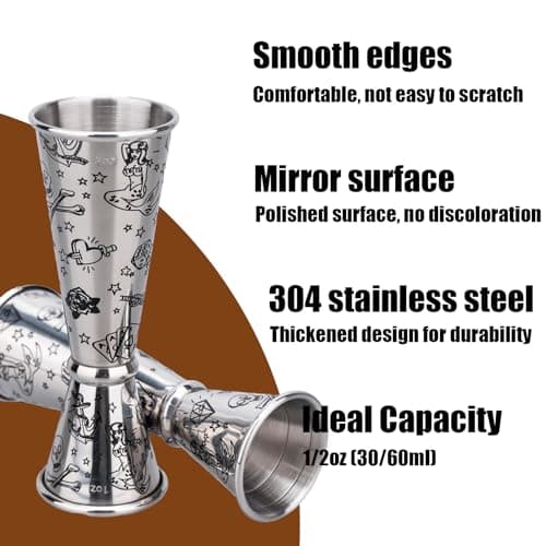 Jigger for Bartending, Cocktail Jigger 2 oz 1 oz with Measurements Inside, 304 Stainless Steel Jigger, bar Accessories, Cocktail Measuring Cup, Silver, Etched Black - Thumbnail 3