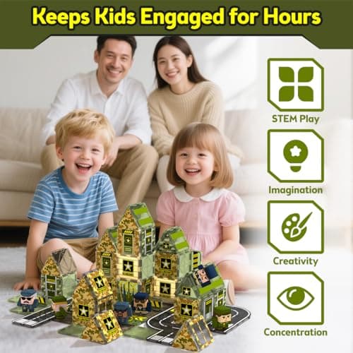 GobiDex 100PCS Army Magnetic Tiles Building Set for Kids, STEM Military Magnetic Building Blocks with 6 Magnetic Army Men, Educational Construction Toys Gift for Boys Girls 3 4 5 6 7 8 9+ Year Old - Thumbnail 5