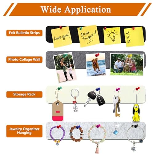 HULAVO 8Pcs Rectangle Felt Cork Board Bar Strips with 35 Pushpins, Self-Adhesive Bulletin Board Strips for Office School Home Wall Decor Stickers Memos Schedules Photos Display -Gradual Grey - Thumbnail 3