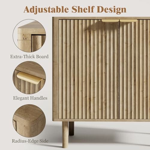 IKALIFE Sideboard Buffet Cabinet with Storage, Modern Fluted Accent Credenza with Doors & Adjustable Shelves, Wood Coffee Bar Console Table for Living Room, Dining Room, Kitchen or Entryway 31.5" Oak - Thumbnail 3