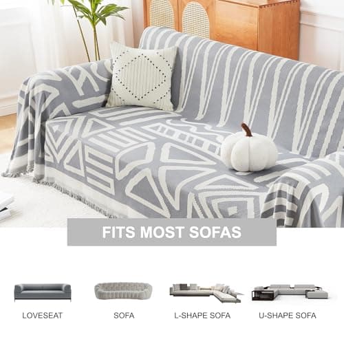 Andency Couch Cover Sofa Cover for 3 Cushion Oversized Slipover, Boho Washable Sectional Large Couch Covers for L-Shape Dogs Sofa Protector, Anti Slip Reversible Couch Covers, 71''x150'', Grey - Thumbnail 3