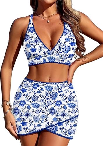 ZAFUL Women's High Waisted Bikini with Skirt Whip Stitch 2 Piece Swimsuits Tummy Control Bathing Suit 0-Blue Floral M