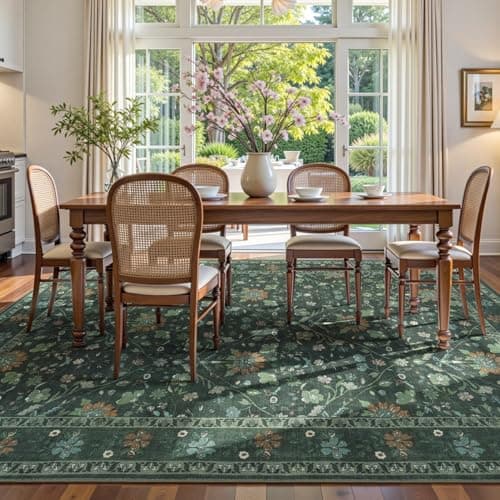 Vibrug 8x10 Area Rugs for Living Room, Floral Vintage Washable Rugs, Soft Boho Non-Slip Low Pile Carpets, Large Area Rug for Dining Room Bedroom Farmhouse Home Indoor Nursery, Dark Green - Thumbnail 3