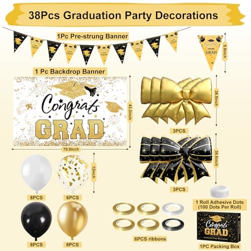 38Pcs Graduation Decorations 2026 Set - Congrats Grad Banner, Graduation Balloons, Backdrop, 6 Giant Bow Foil Balloons Class of 2026 Decorations Party Supplies for High School & College Black and Gold - Thumbnail 3