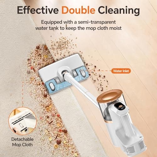AbuDodo Cordless Vacuum Cleaner, Powerful Vacuum Cleaners for Home with Mopping Function, Water Tank, Stick Vacuum Cordless Rechargeable, Lightweight Vacuum for Pet Hair, Hard Floors, Carpet, Gold - Thumbnail 5