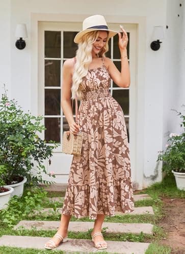 GRACE KARIN Womens Sleeveless Maxi Dress Summer Casual Spaghetti Strap Ruffle Cami Dresses Boho Beach Dresses with Pockets Long Coffee Floral S - Thumbnail 4