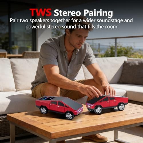 WS-580 Cybertruck Portable Bluetooth Speaker, Replica Car with Display Screen, HD Sound, TWS Pairing, FM Radio, Built-in Mic, Remote Selfie Control, LED Party Light, Gift for Car Lovers (Red) - Thumbnail 5