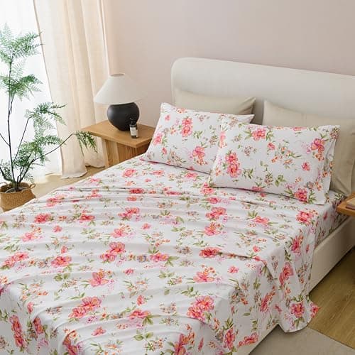 Twin Size Bed Sheets Set Deep Pockets - 6PC Floral Ultra Soft Microfiber Bed Sheets - Easy to Clean, 90 Thread Count Sheets Includes 1 Fitted, 1 Flat, 2 Pillowcases (Pink/Green Floral) - Thumbnail 3