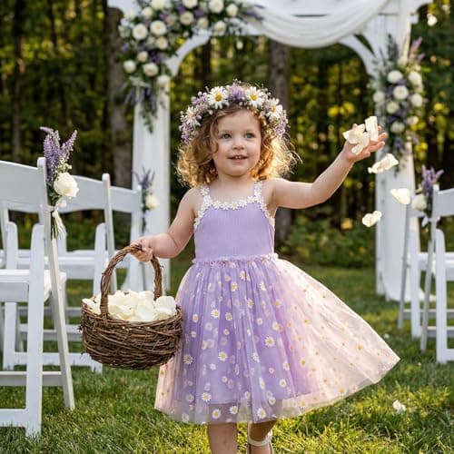 Toddler Girls Daisy Tulle Dress Purple Flower Girl Gown for Weddings Birthdays Sleeveless Summer Sundress for Kids 18-24 Months - Thumbnail 3