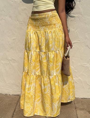 ZAFUL Women’s Summer Boho Maxi Skirts Bohemian Print Smocked High Wasited Flowy Tiered Ruffle Long Beach Skirt Yellow XS - Thumbnail 5
