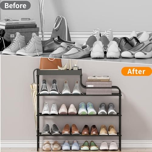 4 Tier Free Standing Shoe Racks with Storage Box, Metal Shoe Organizer for Closet with Sturdy Wire Grid, Large Capacity Shoe Rack Organizer for Entryway Corridor Living Room Balcony Bedroom, Black - Thumbnail 6
