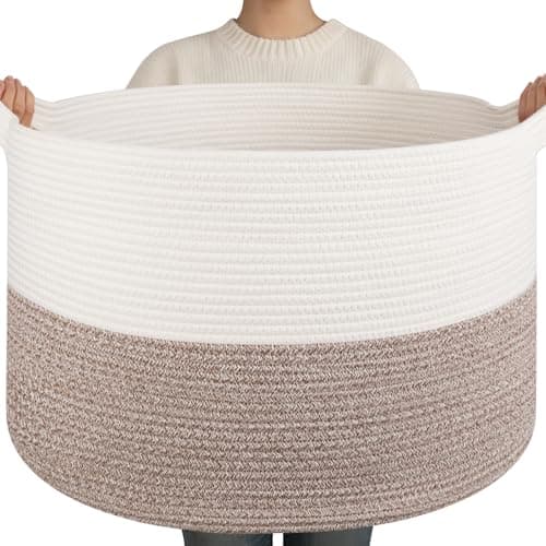 OIAHOMY 90L XXXLarge Blanket Basket for Living Room, 21.7" x 13.8" Woven Cotton Rope Laundry Basket for Organizing Pillows, Decorative Stuffed Animal Toy Storage Bin for Nursery, White and Linen Brown - Image 1
