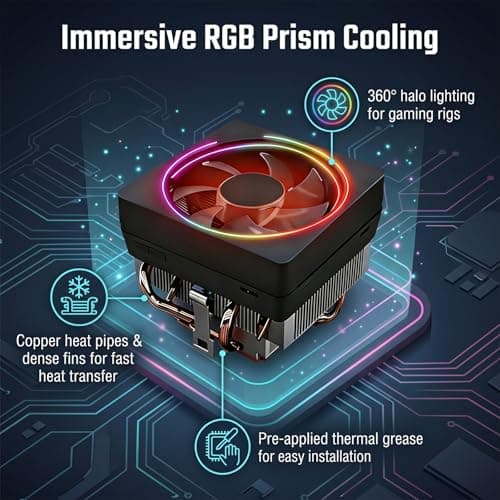 AM4 CPU Cooler - Wraith Prism Cooler Heat Pipes Copper Base/Alum Heatsink,4-Pin PWM LED RGB CPU Cooling Fan Pre-Applied Thermal Paste, Compatible with AMD AM4/AM5/AM2/AM3 Ryzen 3700X/4700X/5700X/7700 - Thumbnail 2