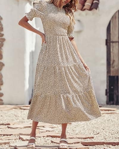 BTFBM Women Casual Summer Dresses 2026 Spring Crew Neck Ruffle Short Sleeve Smocked Floral Boho Flowy Maxi Dress Clothes(Dot Apricot Coffee, Large) - Thumbnail 3