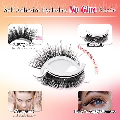 JoMay Self Adhesive Eyelashes No Lash Glue Needed Reusable Up to 5x Natural Strip Lashes 3D Super Fluffy False Eyelashes Easy to Apply & Remove Full Bouncy Volume & Curl 3 Pairs(Dream Girl) - Thumbnail 4