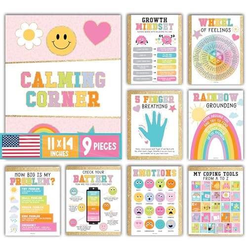 Hadley Designs 9 Calming Corner Posters for Classroom Must Haves - Calm Down Corner Supplies with Emotions Chart, School Counselor Mental Health Poster, Feelings Chart For Kids, Gold Classroom Decor - Image 1