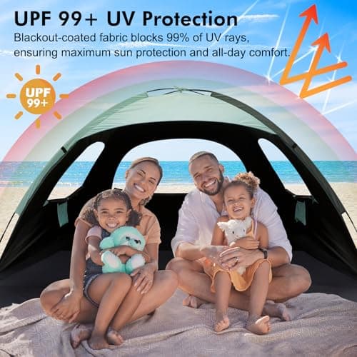 WhiteFang Beach Tent Anti-UV Portable Sun Shade Shelter for 4 Person with Blackout Shelter, Extendable Floor with 3 Ventilating Mesh Windows Plus Carrying Bag, Stakes and Guy Lines (Mint Green) - Thumbnail 3