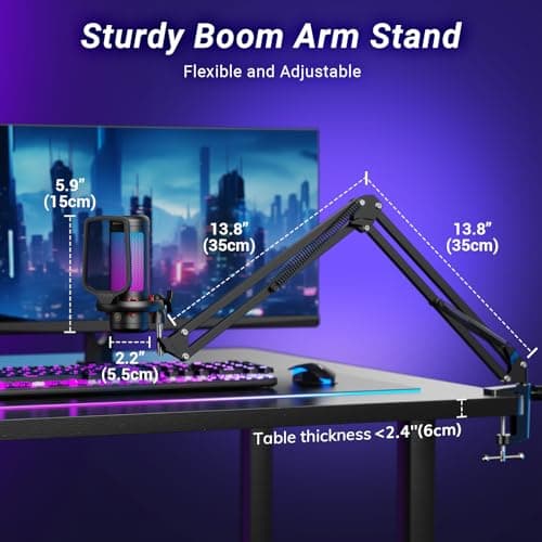 TONOR Gaming Microphone Set with Boom Arm, Vocal Condenser Microphone for PC with Stand, USB Mic with controllable RGB Light, One Tap Mute, Volume Control, for Discord, Twitch Streaming, TC310+ - Thumbnail 6
