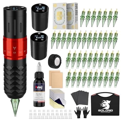 Tattoo Gun,Solong Tattoo Gun Kit Professional 2 Batteries 7 Strokes Wireless Tattoo Kit 6500Rpm Brushless Motor Digital LED Display Tattoo Machine with 20Pcs Tattoo Needles SLE75KIT-1-US