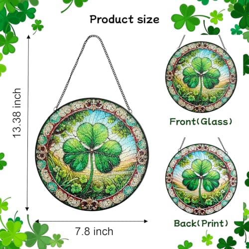 Stained Glass Window Hanging, Shamrock Suncatcher Decor, Clover Wall Art Ornament Decorations for Home Bedroom Garden Farmhouse, Birthday Housewarming Gift for Women Mom, 7.8 Inch - Thumbnail 2