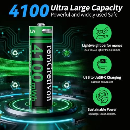 remGretivon USB Rechargeable Battery AA Lithium-ion 1 Pack with USB-A to USB-C Cable, 4100mWh, 1.5V, 1500 Recharge Cycles USB-C Lithium Battery for TV Remote, Remote Control Vehicle - Thumbnail 2