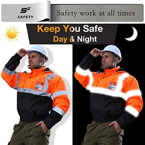 sesafety Reflective Jacket for Men, High Visibility Jackets, Safety Jackets for Men, Hi Vis Construction Bomber Jackets Waterproof with Pockets and Zipper, Black Bottom, Class 3 - Thumbnail 5