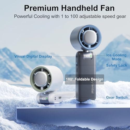 Joytential Portable Handheld Fan, Turbo Hand Fan with 1-100 Speed Adjustable USB Rechargeable, Powerful Instant Cooling Personal Mini Fan for Travel, Outdoor, Camping, White - Thumbnail 2