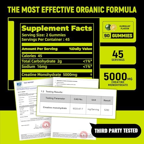 Parhaat NSF Certified Creatine Gummy - Creatine Monohydrate Gummies 5g for Men & Women - Boost Focus,Strength, and Endurance, Vegan, Gluten-Free, Non-GMO, 2.5 Gram Creatine per Gummy (Kumquat 90 ct) - Thumbnail 3