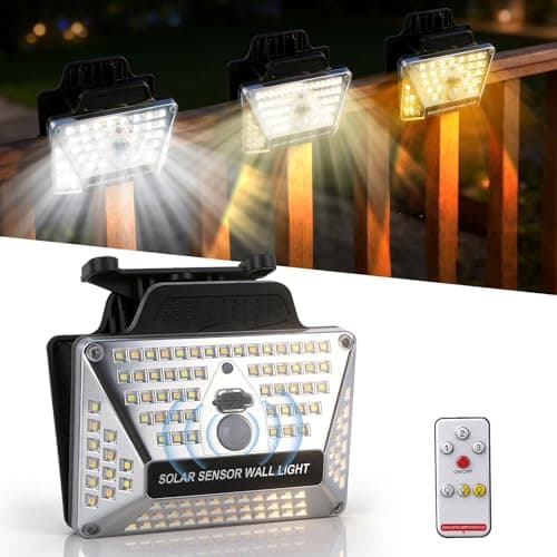 BORUIT Clip On Solar Lights Outdoor, 3 Color Temperature,111 LEDs Solar Powered Fence Light with Motion Sensor, USB C Rechargeable, Security Light with Remote for Outside Wall Gutter Garage Yard - Image 1