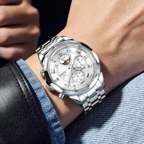 OLEVS Watch Men Luxury Sliver Stainless Steel Dress Waterproof Wrist Watches for Men Classic Analog Quartz Moon Phase Chronograph Battery Luminous Men Watch Relojes De Hombre - Thumbnail 2