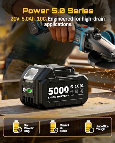 SEESII Flathead Brushless Angle Grinder, 5.0Ah Battery and Fast Charger, Drop Protection, 21V 6 Variable Speed Cordless Grinder Kit 4-1/2 to 5" Cut Off Tool for Metal Cutting, Auto Body, DIY - Thumbnail 6