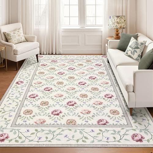GarveeHome Floral Living Room Rugs, Washable 8x10 Area Rug Vintage Soft Boho Non-Slip Carpet Indoor Floor Stain Resistant Carpets for Bedroom Dining Room Nursery Farmhouse, Beige