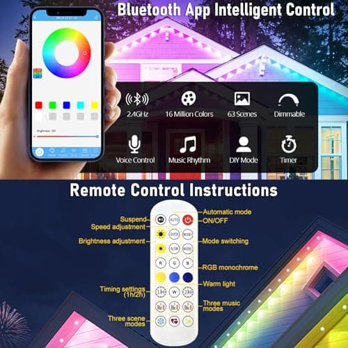 MUCCCUTE Permanent Outdoor Lights for Easter150ft RGB + IC Eaves Lights with App & Remote Control, Outdoor String LED IP67 Waterproof for Holidays New Year July 4th Roof Eaves House Garden Decor - Thumbnail 3