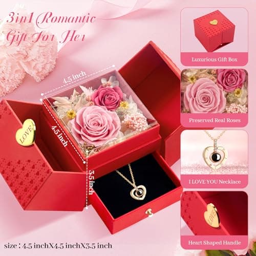 Tyvouflo Preserved Roses Forever Flowers with Heart in 100 Languages Mom Necklace Birthday Gifts for Her Wife Girlfriend Grandma on Valentines Christmas Anniversary Romantic-Pink - Thumbnail 3