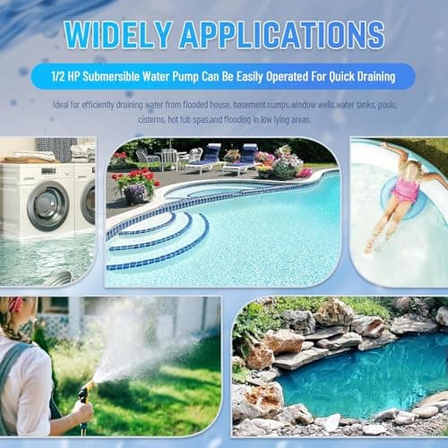 PANRANO 1/2 HP Submersible Water Pump 2900 GPH Portable Small Sump Pump For Pool Cover, Basements, Puddles, Gardens Ponds With 16.4 Ft Power Cord and Hose Adapters, Sky Blue - Thumbnail 6