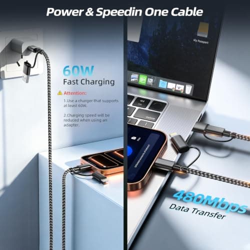 MPATIBY 60W 4 in 1 Multi Charging Cable, 2 Pack 5FT Fast Charging USB A & USB C to USB C and IP Charging Cords for Cruise Essentials, Travel, Car, Camping, Black - Thumbnail 3