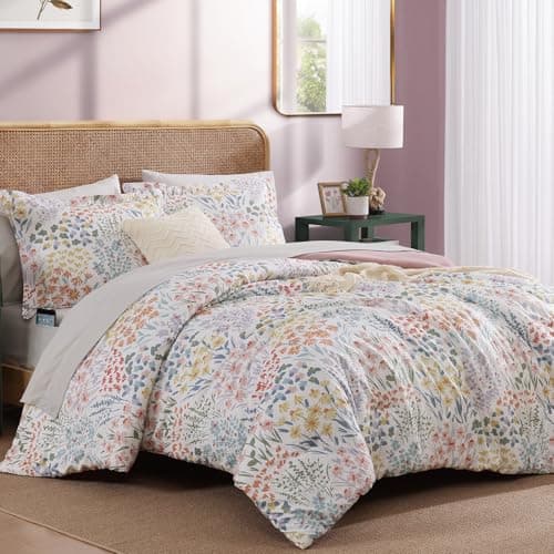 CASAAGUSTO Queen Comforter Set, 7 Pieces Bed in a Bag Queen Pinkish Floral Comforter Set with Flowers Leaves Pattern, Soft Seersucker Design All Season Queen Size Bedding Set - Thumbnail 3