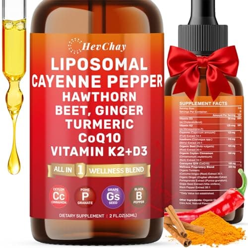 Cayenne Pepper Drops Liposomal Supplement Liquid + Hawthorn Berry, Vitamin D3 K2 Beet Root Powder, Ceylon Cinnamon, CoQ10, Turmeric Curcumin, Cayenne Pepper Extract - 2oz - Image 1